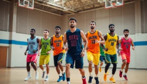 High-quality basketball uniforms worn by competitive players showcasing vibrant colors and sleek design for performance and style.
