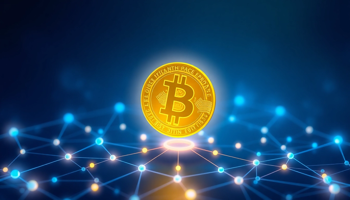 Bitcoin cryptocurrency symbol being secured on a digital blockchain network representing