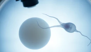 Fecondazione in vitro procedure showing sperm meeting ovum under microscope, emphasizing