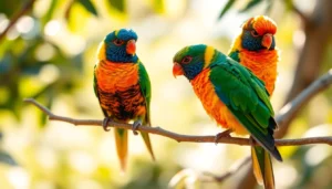 A vibrant group of pet birds sitting on a branch in natural light showcasing their colorful feathers