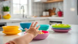 Child eating healthy with Alimenti sani per bambini presented on vibrant silicone plates and