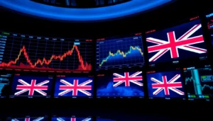 UK Stock and Share News updates shown on a digital screen with financial charts and UK flags,