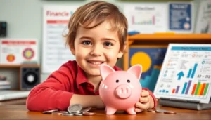 Guide To Investing For Children by illustrating a young child with piggy bank and financial