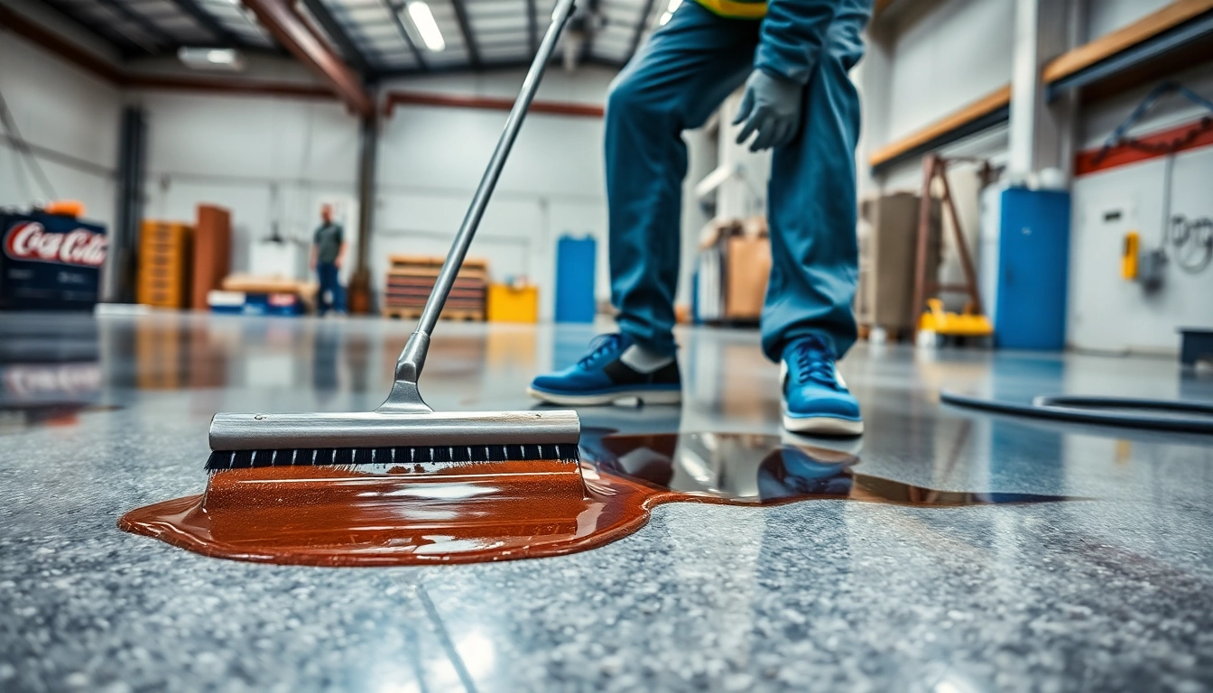 Expert applying durable epoxy resin in Birmingham to enhance concrete flooring with a smooth,