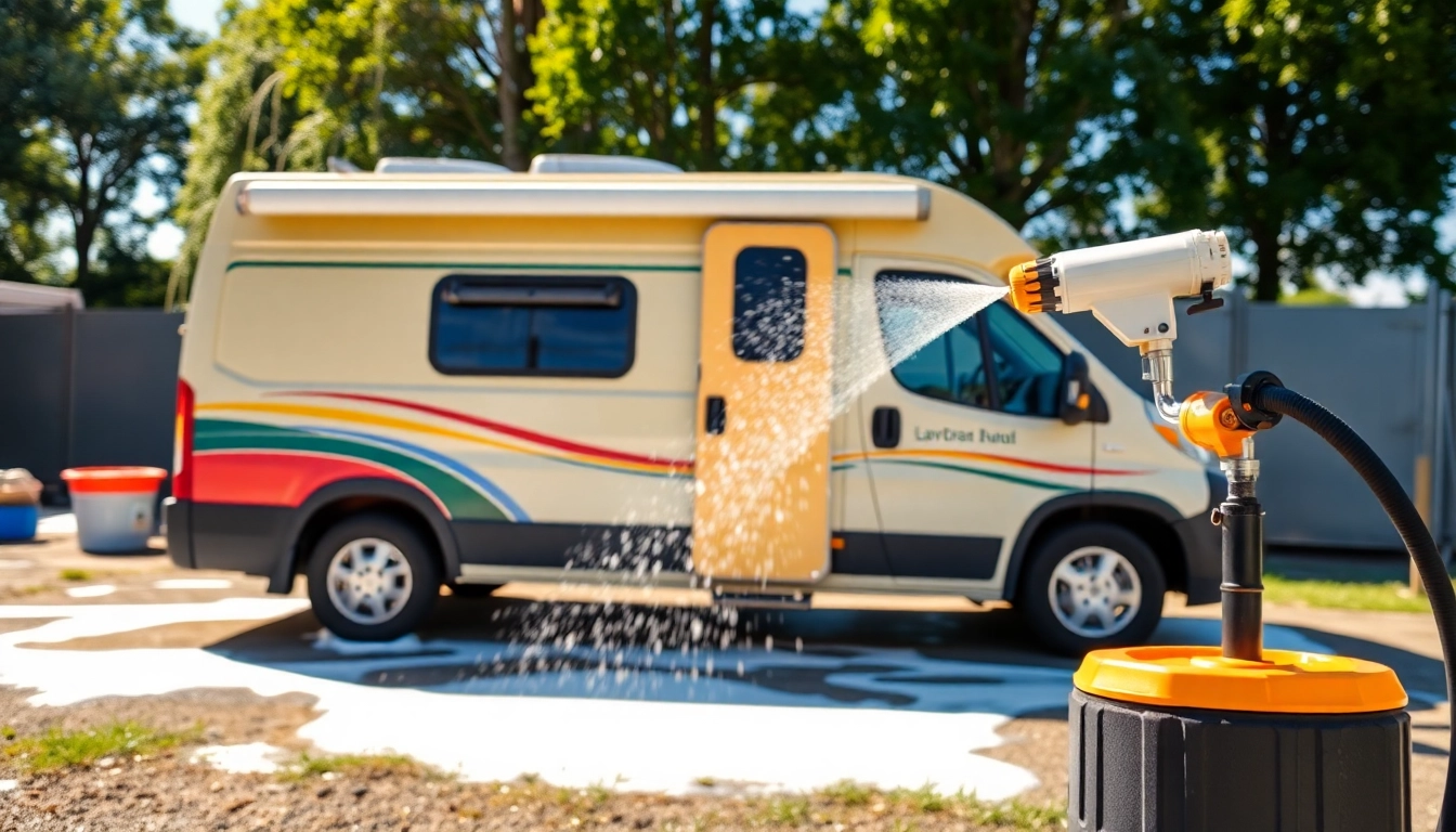 A professional using a Wohnmobilreiniger to clean a bright camper van with foam sprayer in